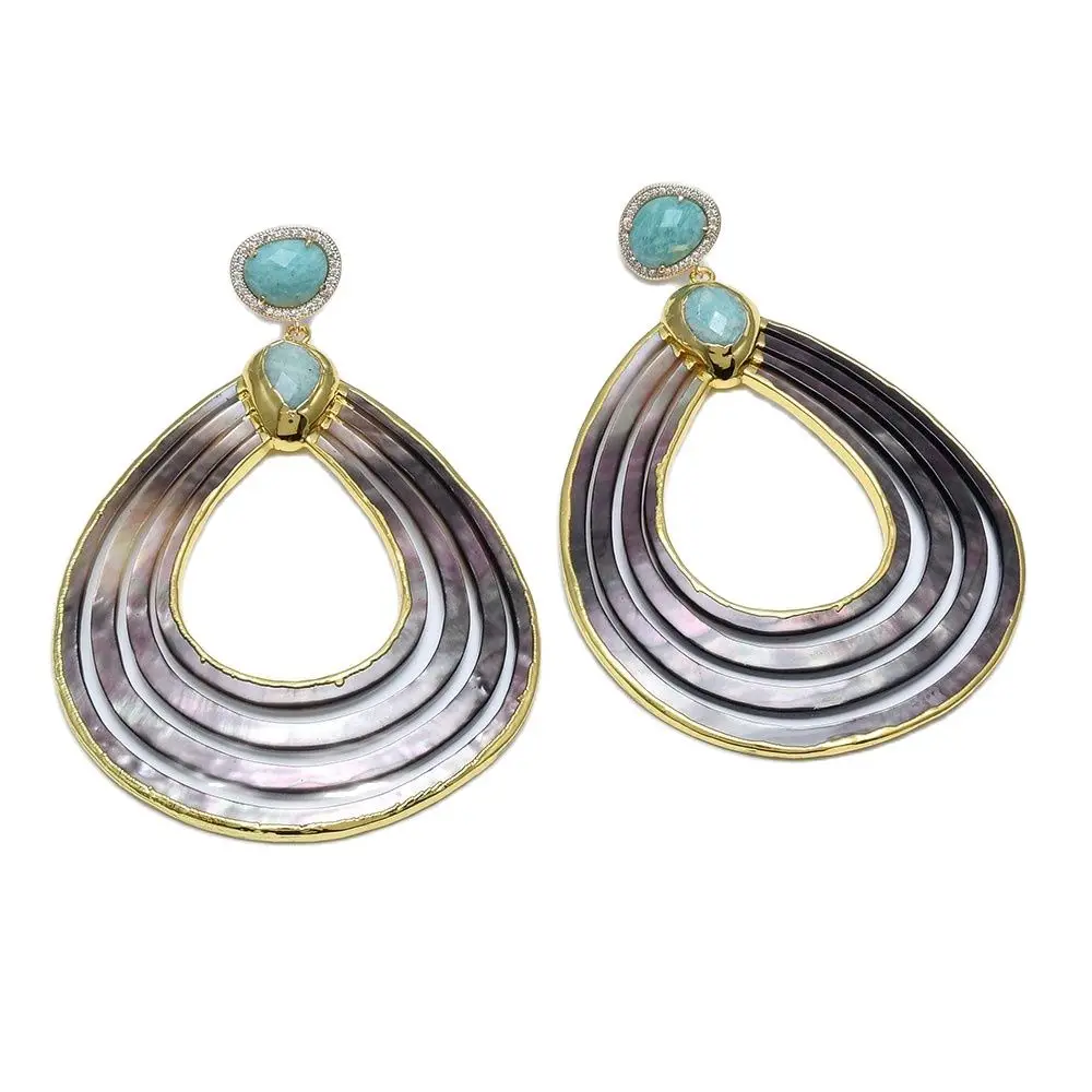 

GG Jewelry Huge Natural Black Sea Shell Gold Color Plated Amazonites Stone Dangle CZ Stud Earrings Handmade For Women