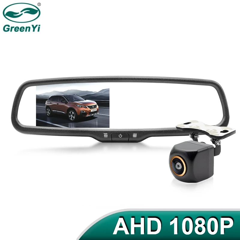 GreenYi AHD Car Rear View Mirror with Monitor 1000cd 4.3 inch Special Original Bracket Support 2 1080P Camera headrest screen
