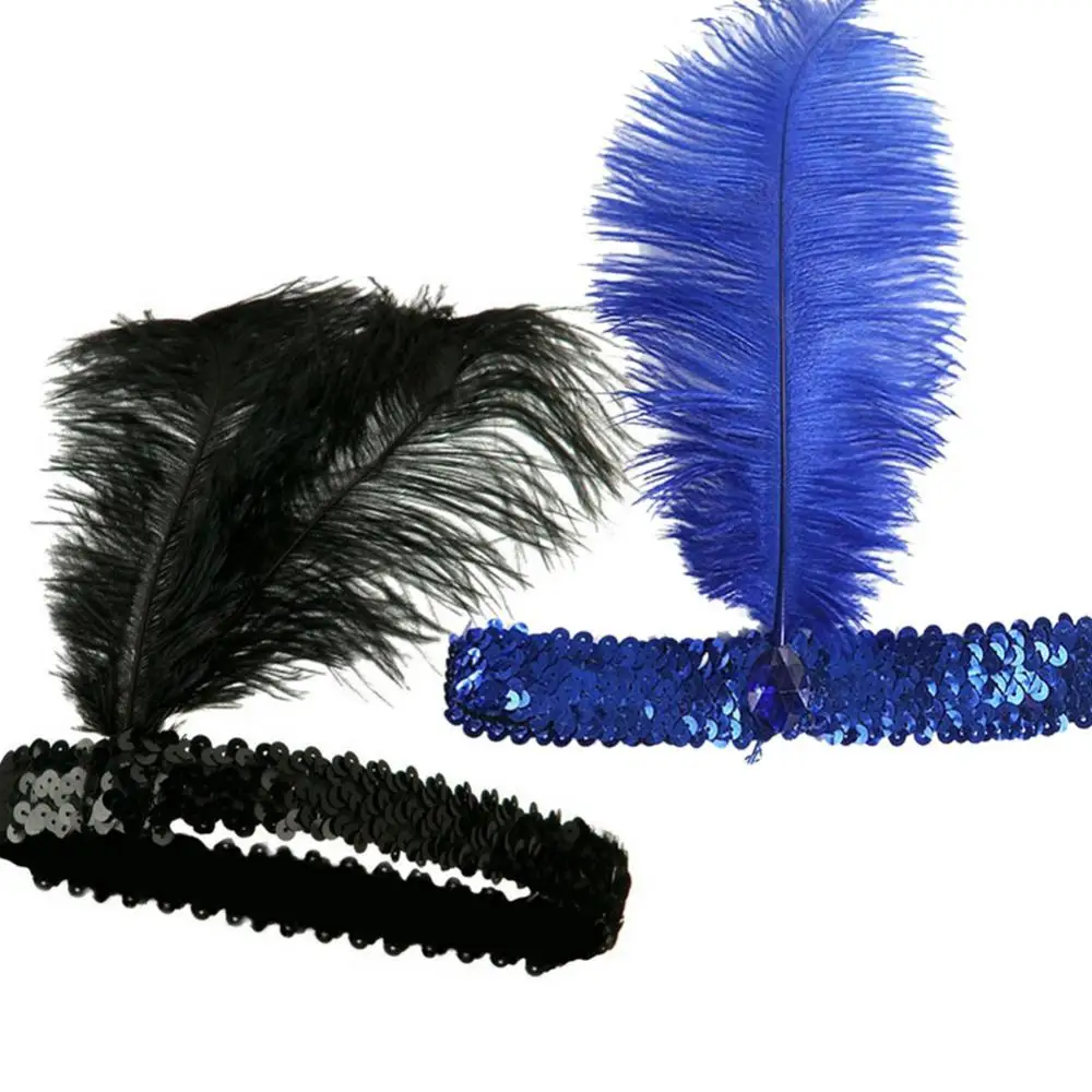 Ladies Ostrich Feather Elastic Sequins Belt Headband Flapper Indian Hairband