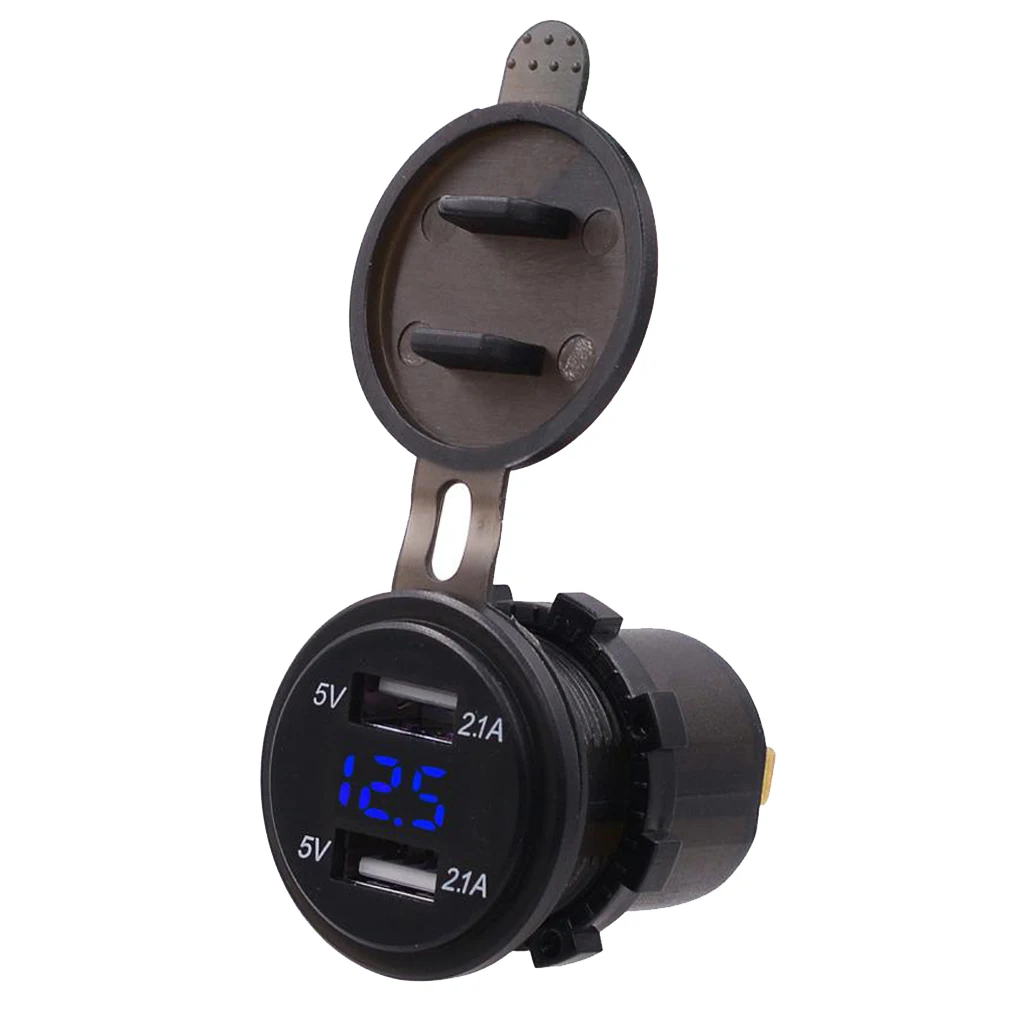 4.2A Dual USB Car Charger with Blue LED Digital Voltmeter for RV, Camper, Marine, Boat, Motorcycle, Truck, Golf Cart and More
