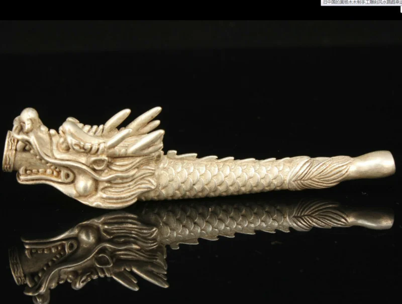 Tibet Silver Hand-carved dragon head pipe accessory retro creative gift F469