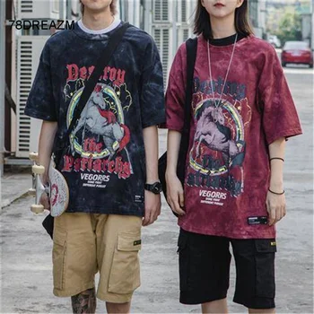 

Men Tie-dyed T shirt Couple High Street Hip Hop Tshirt Streetwear Mens Fashion Half Sleeve Loose Japan Unicorn T Shirt Males