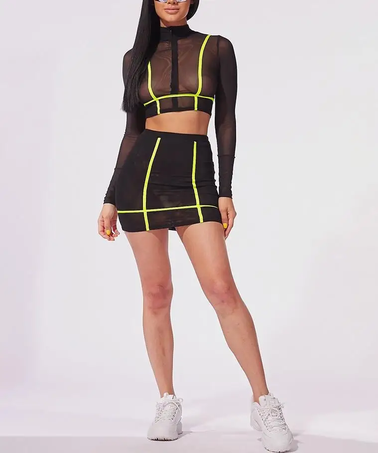 

Nice Women Mesh Long Sleeve Neon Sexy Set Hollow Out Transparent Crop Sets Zipper Splice Bodycon Two Piece Set