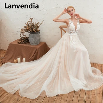 

Lanvendia Luxury Beading Lace Applique Bride Dress Summer Boho Bohemian Beach Wedding Dress Sexy Backless Bridal Gown