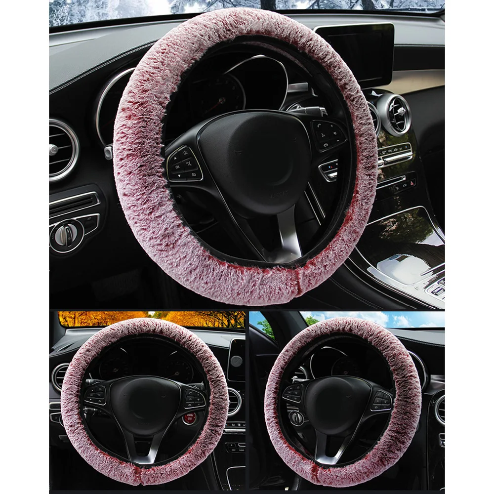 

1cm in pink Car Winter Warm Imitation Rabbit Fur Steering Wheel Cover Elastic Style 37-39CM delicate