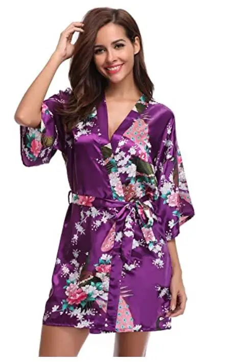 Female Printed Floral Kimono Dress Gown Chinese Style Silk Satin Nightgown S M L XL XXL