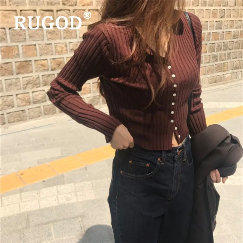coffee brown RUGOD Новое Осеннее тонкое вязаное пальто для женщин с v-образным вырезом Короткий стильный полосатый свитер кардиган мода femme Элегантный Эластичный - Цвет: coffee brown