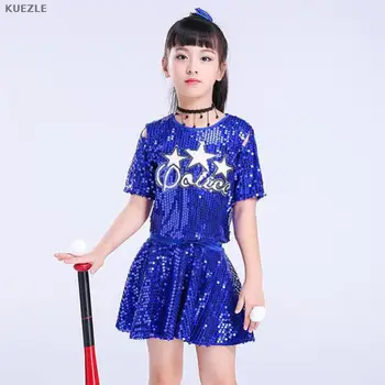 

Girls Stage Jazz Dance Modern Cheerleading Costumes Hip Hop Boy Girls Crop Top And Pants Sequins Jazz Dance Performance Set 160