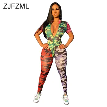 

Camouflage Sexy Bandage Jumpsuit Women Short Sleeve Zipper Front Bodycon Party Club Romper Stand Collar One Piece Skinny Overall