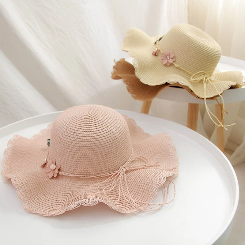 

Summer Beach Women's Bucket Hat Flowers Ribbon Flat Top Straw Hat Beach Caps Wave Edge Travel Holiday Sunscreen Big Brim Sun Hat