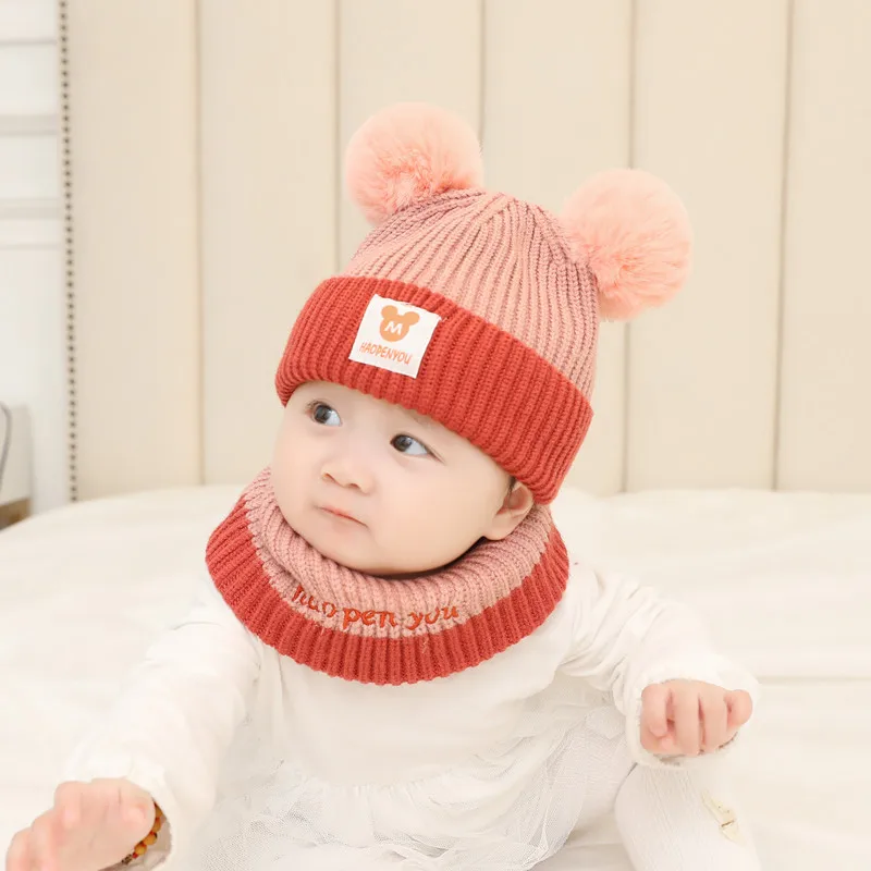 rose red set Детская зимняя шапка, шарф, набор плюс бархатная теплая вязаная шапка для новорожденных, пушистые шарики, помпон, одноцветная теплая Милая шапочка, подарок - Цвет: rose red set