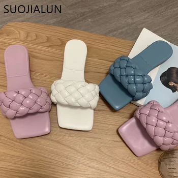 

SUOJIALUN 2020 Women Brand Summer Slides High Quality Weave Open Toe Flat Casual Slipper Leisure Sandal Female Beach Flip Flops