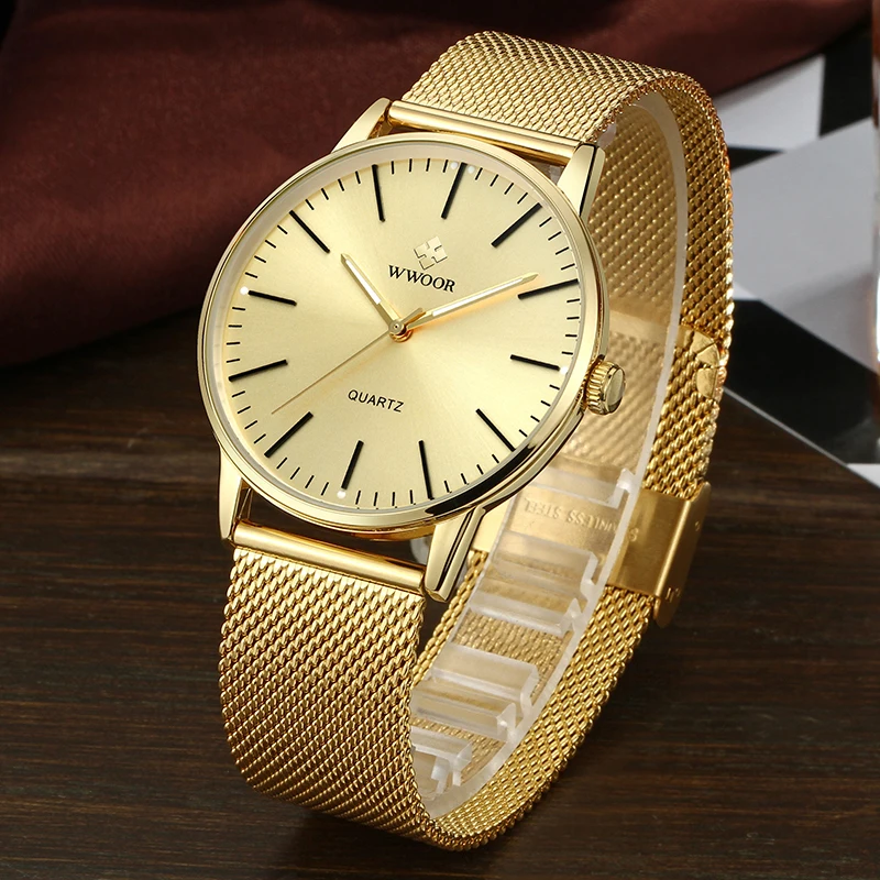 WWOOR Men Watch 2023 Luxury Gold Sports Watch Men Slim Thin Quartz Wristwatches Golden Steel Mesh Waterproof Clocks Montre Homme