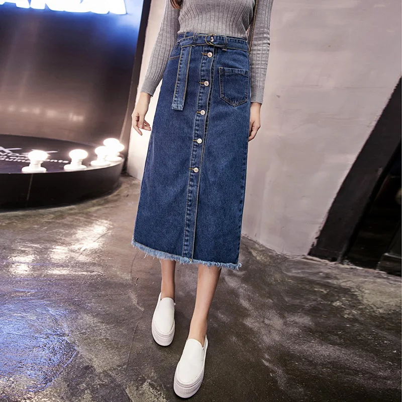 Корейская черная джинсовая юбка с высокой талией, Женская однобортная джинсовая юбка с кисточками и карманами, Классическая джинсовая юбка для женщин, Повседневная ковбойская длинная юбка - Цвет: Синий
