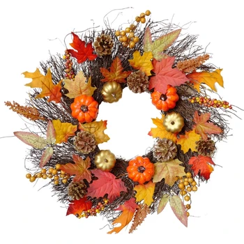 

45/60cm Simulation Pumpkin Berry Maple Leaf Wreath Garland Door Hanging Wall Window Ornaments Halloween Thanksgiving Decoration