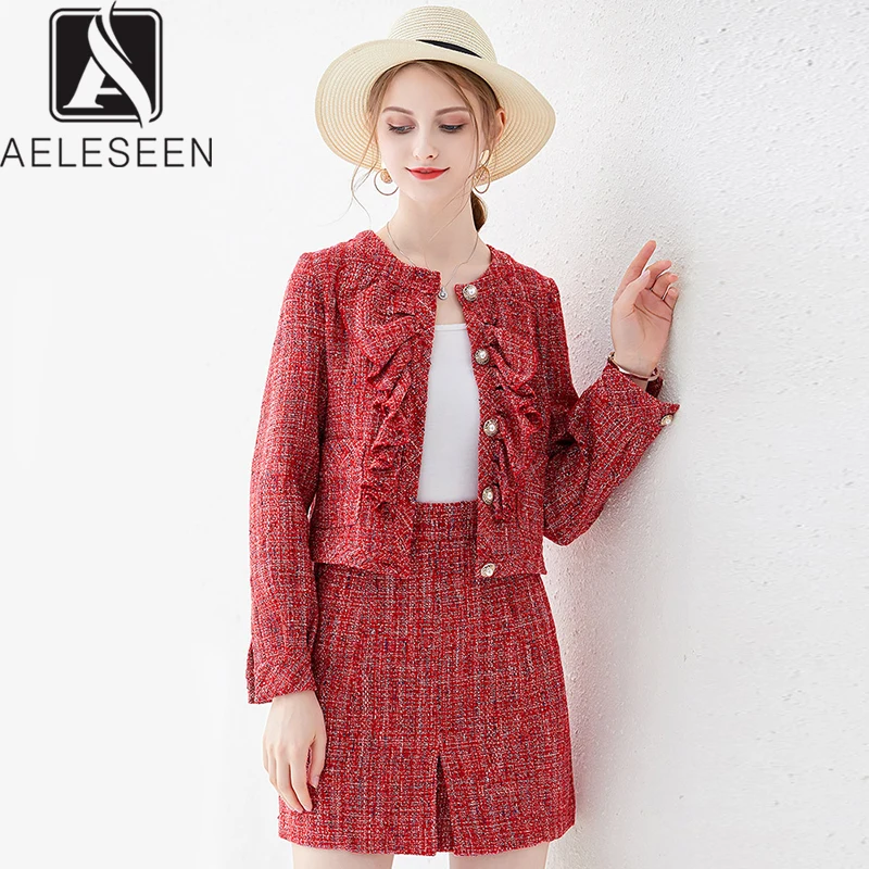 

AELESEEN New Fashion Office Lady Twinsets 2020 Spring Autumn Luxury Purl Button Ruffle Threshold Short Top + Mini Skirt Suits