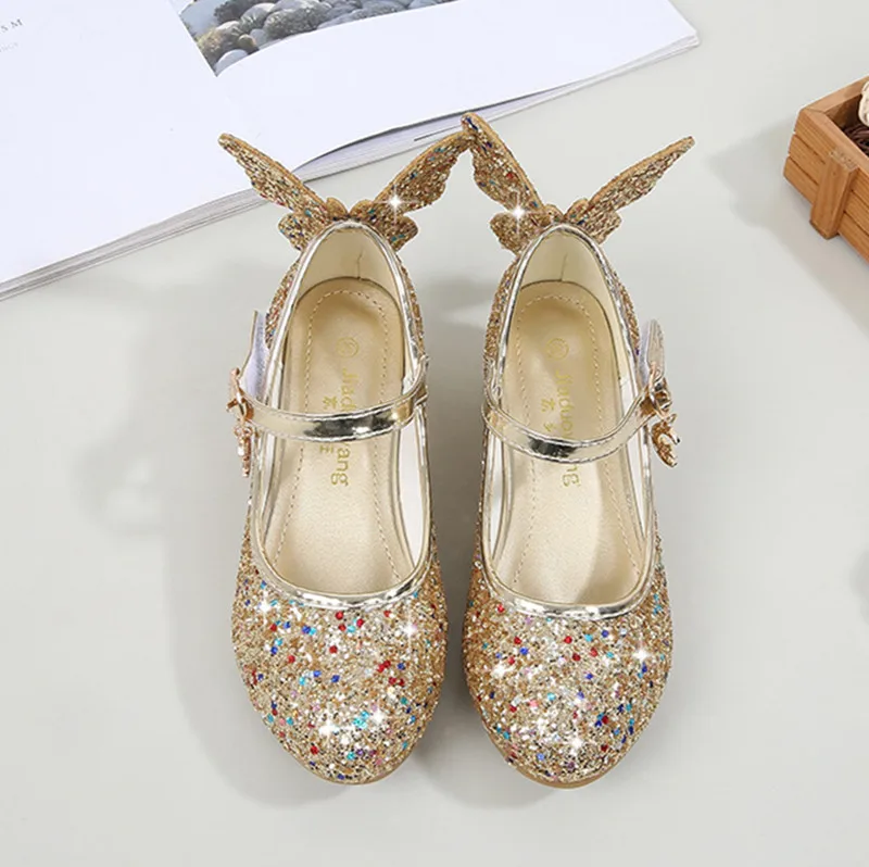Летние девичьи на высоком каблуке детские сандалии для принцесс обувь блестящая кожа бабочка детская обувь для девочек вечерние платья Свадебные Вечерние - Цвет: Золотой