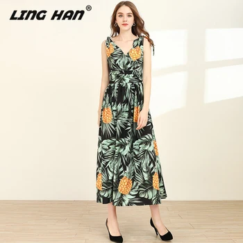 

LINGHAN Vacation Print Dress Women's Sexy V-Neck Big swing Dresses Designer Spring Summer New