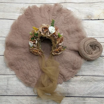 

Hair Accessories Baby Girl Hat Lacework Headband+Handcraft Wool Felted Round Blanket +140*30cm Stretch Knit Wrap for Baby Shoot