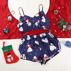 Silk Womens Pajama Sets Two Piece Cartoon Pattern Christmas Ladies Sleepwear Sexy Langerie V Neck Camis Split Shorts Home Suit