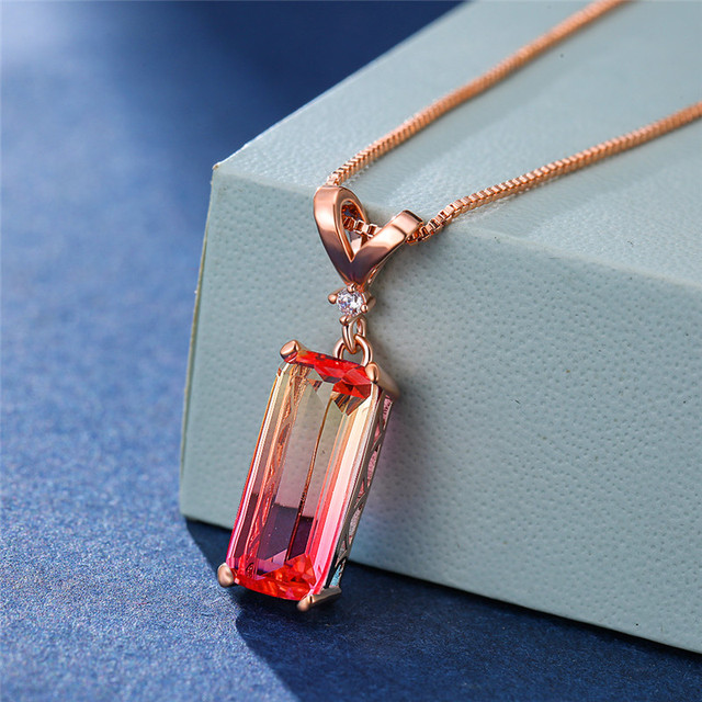 Female Blue Green Rainbow Stone Necklace Square Gemoetric Pendant Necklace Rose Gold Color Wedding Necklaces For Women