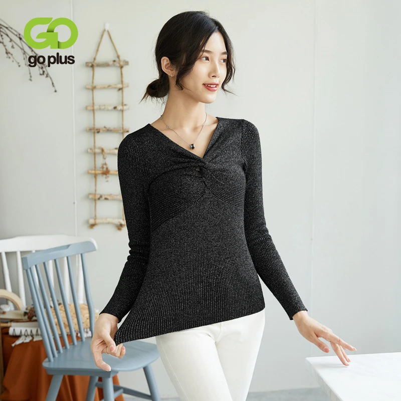 

GOPLUS Shiny Lurex Knitted Women's Sweater Sexy Cross V Neck Long Sleeve Sweater Women Pullover 2019 Autumn Slim Pull Femme