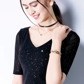 

Mid-Sleeve Sequin Mesh Latin Dance Tops Sexy V-Neck Dance Dress Female Adult Slim Latino Cha Cha Dance Practice Clothes DWY2103