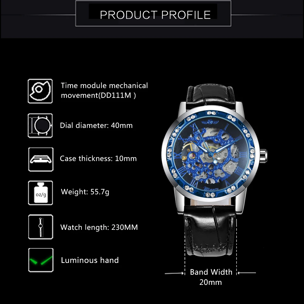 Победитель официальный модный спортивный Часы с костями механические с украшением в виде кристаллов со льдом часы Для мужчин роскошный кожаный ремешок креативные наручные часы