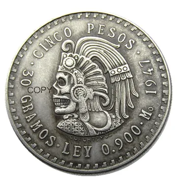 

Hobo Uncirculated 1947 Mexico 5 Pesos Silver Foreign Copy Coins Funny skull zombie skeleton Copy Coins