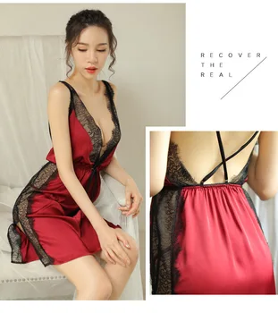 

2020 European and American style new sexy underwear large size suit dew milk strap nightdress satin pajamas
