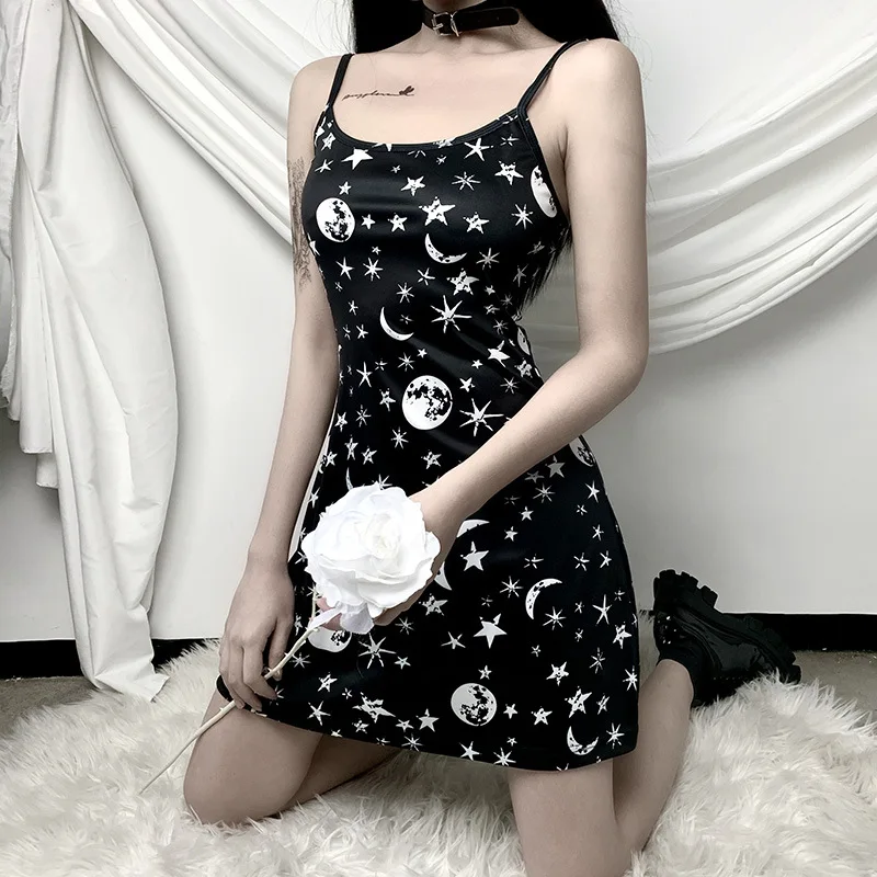 Black Goth Woman Mini Dress Chic Punk Dresses Print Empire Sleeveless Sexy 2020 Lady Backless Off Shoulder Summer Gothic Pleated