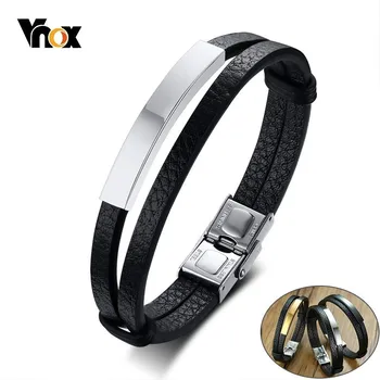 

Vnox Mens ID Tag Bracelets Stylish Black Genuine Leather Double Layers Wrap pulsera masculina 8.26"