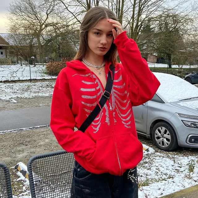 Y2k Butterfly Hoodie Women'S Zipper Harajuku Sweatshirt Fall/Winter Couples European And American Punk Oversized Hoodie Jacket PDD red
