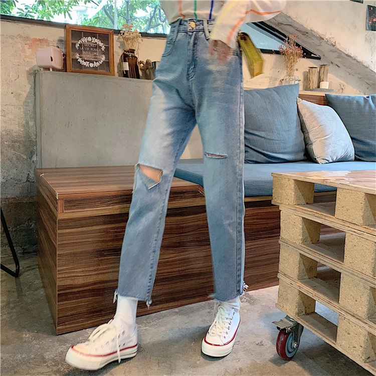 Colorfaith Новинка женские джинсы Рваные прямые синие бойфренды винтажный корейский стиль брюки с высокой талией женские джинсы из денима J0055