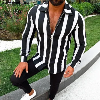 

Men Striped Shirts Zippers Lapel Neck Long Sleeve Fashion Streetwear Camisa Chic Slim Fit Casual Shirt Men INCERUN 2020 S-5XL