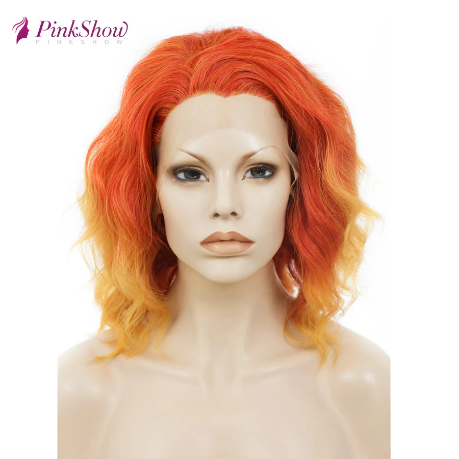 orange Pinkshow короткий парик оранжевый кружевной передний парик для женщин синтетический кружевной передний парик глубокая волна бесклеевой парик Термостойкое волокно - Цвет: orange