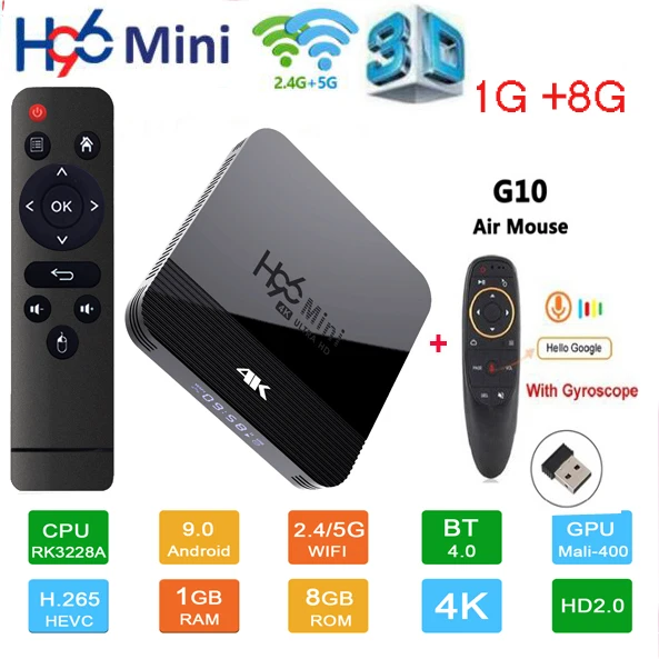 H96 мини H8 Android 9,0 ТВ приставка RK3228A 4K Смарт ТВ приставка H.265 2,4G 5G Wifi Google плеер четырехъядерный медиаплеер Bluetooth 4,0 - Цвет: 1G 8G G10