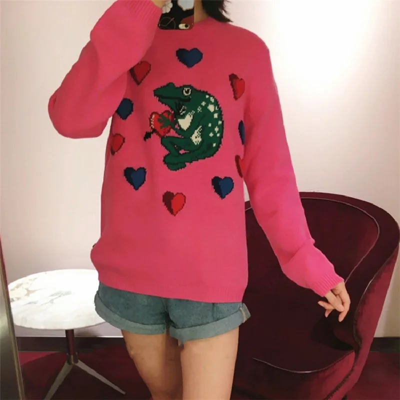 

High Quality Brand Women 2019 Autumn New Sweet Love Embroidery Sweater Casual Loose Round Neck Rose Pink Knit Pullover Sweater