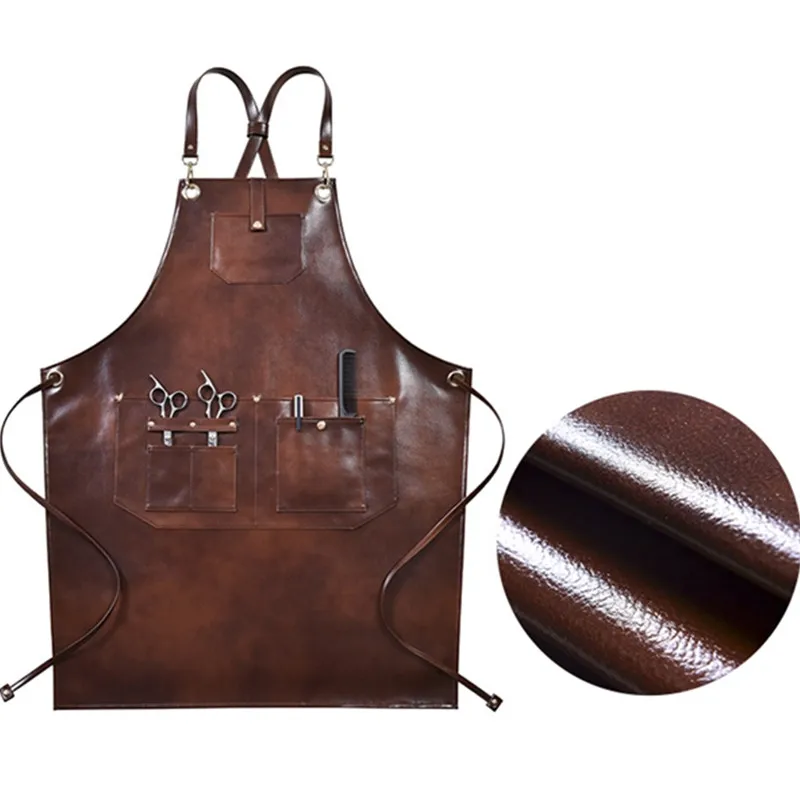 Brown PU Apron Crossback Strap Barista Bartender Pastry Chef Cafe Bistro BBQ Grill Uniform Florist Barber Carpenter WorkWear B97