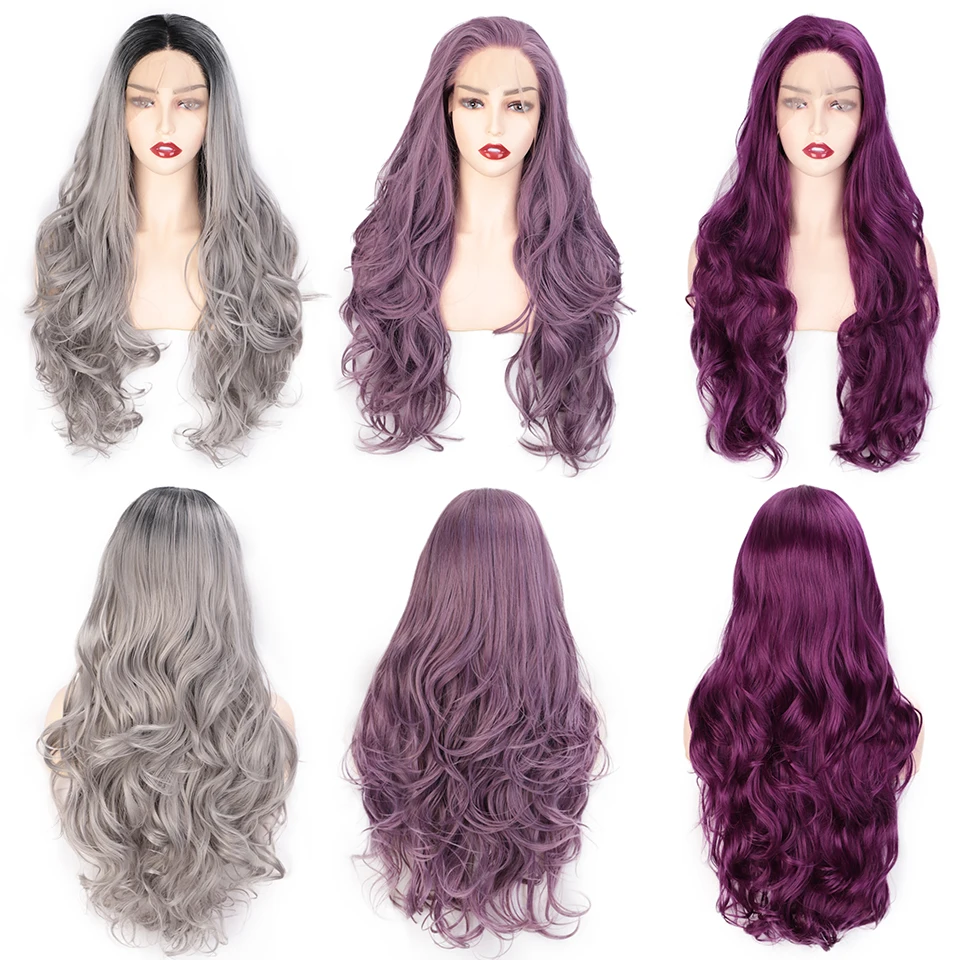 Doris beauty 13x4 Ombre серый синтетический парик на кружеве для женщин длинный волнистый парик на шнурке фиолетовый/коричневый Косплей парики Часть натуральный