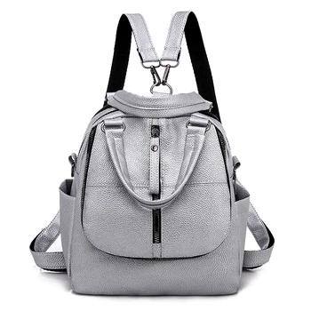 

Aelicy Women Leather Backpacks Vintage Female Shoulder Bag Travel Ladies Bagpack Silver Black School Bags For Teenager Girls 18