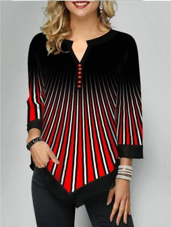 

Shirt Blouse 2020 Spring Autumn New Stripe Women Irregular Shirt Long Sleeve Casual Print 3D Shirts Big Size Female Clothes