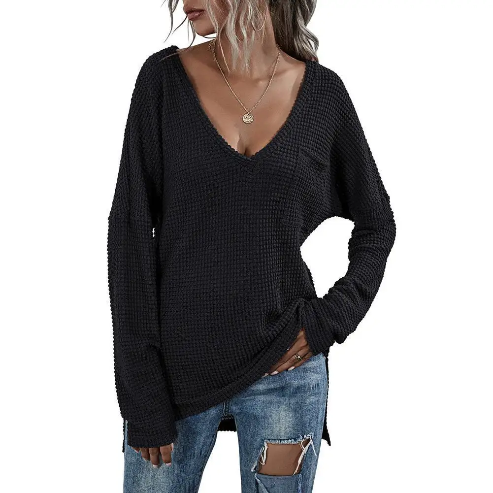 

Autumn Women Solid Sweater Elegant V-neck Sweater Loose Long Knitted Oversized Female Warm Casual Jumpers Sleeve Pullover O1U3