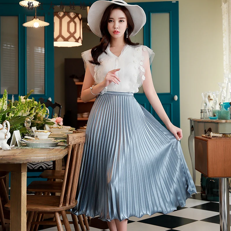 

Dabuwawa New Woman Blue Pleated Over-knee Skirts Summer Solid Swing Skirts Party Date Skirts D18BSK018