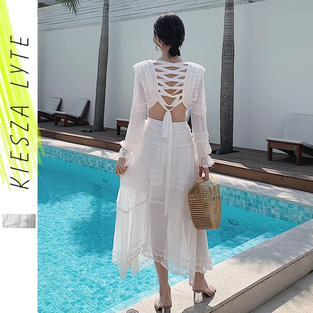 Women Summer Dress Sexy Chiffon Long Sleeve Hollow Out Bandage Back Ruched White Fairy Ladies Fashion Beach Holiday Dresses 1