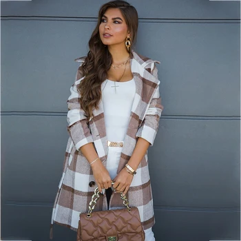 Women Woolen Cloth Long Sleeves Coat Lapel Double-breasted Lace Up Straight Casual Long Women Coat