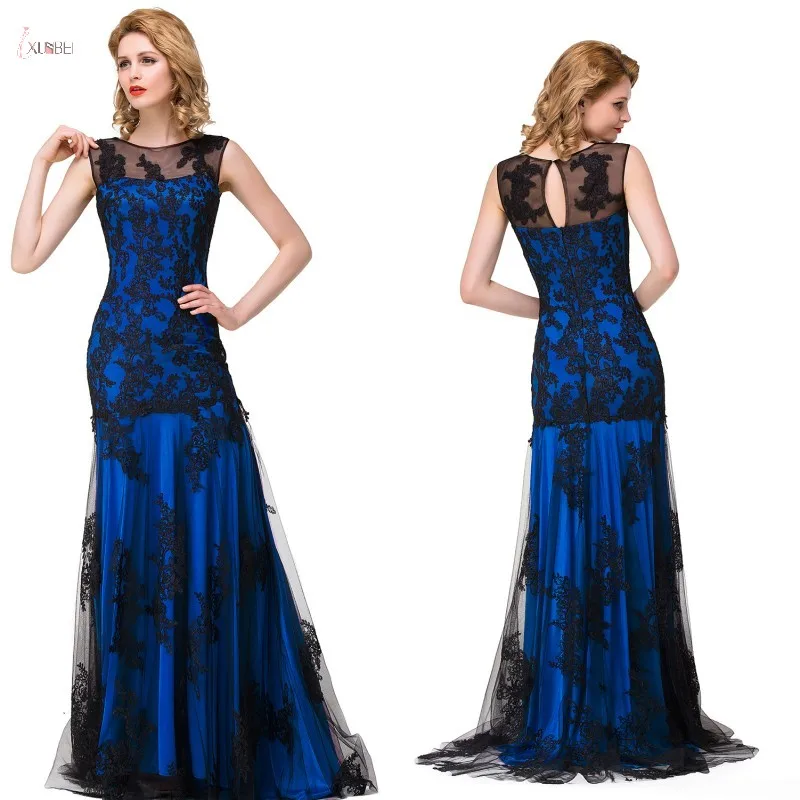 

Royal Blue Tulle Long Prom Dresses 2019 A line vestidos de gala jurken Sleeveless Mesh Applique Prom Gown