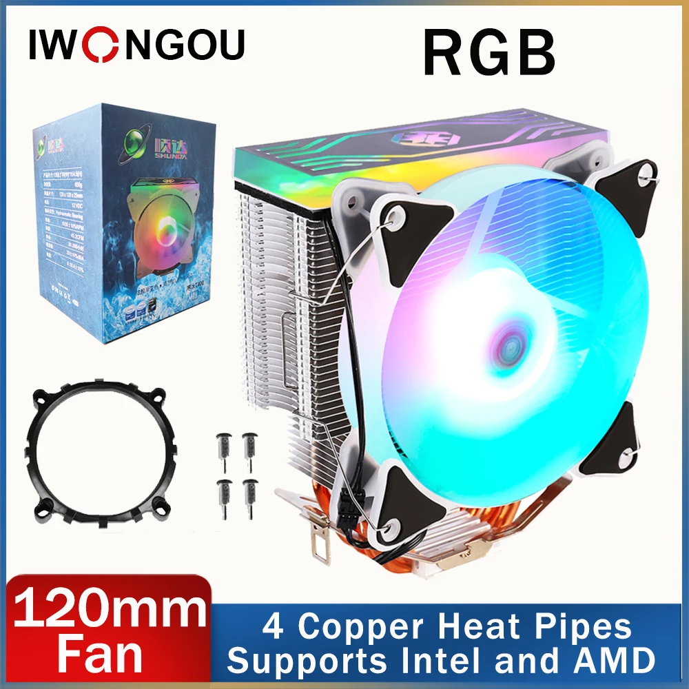 Кулер для процессора IWONGOU 2011 кулер Intel AMD 120 мм RGB-подсветка 4 тепловых элемента