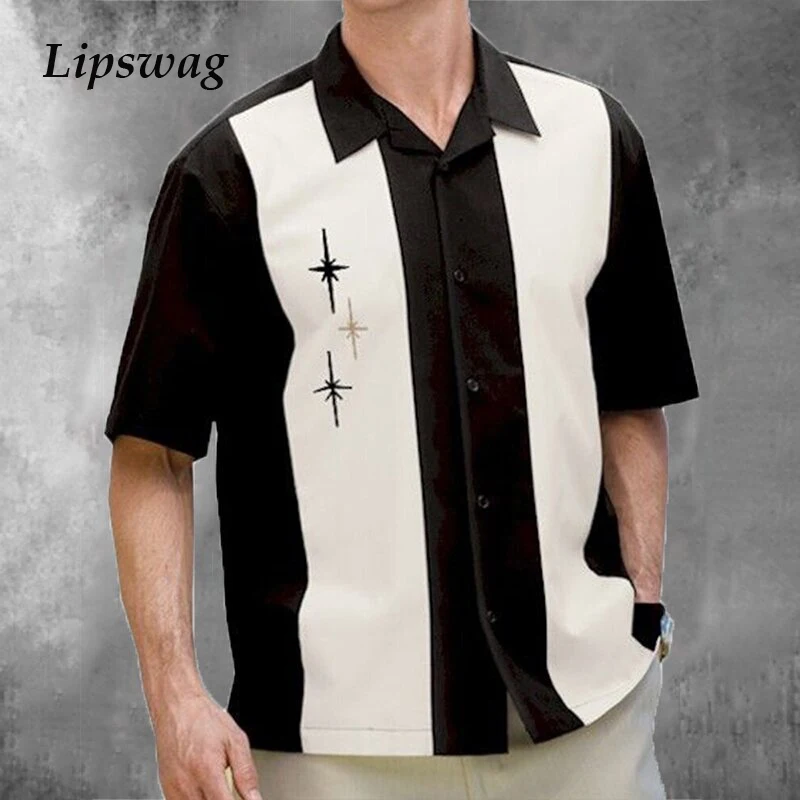 

Рубашка мужская с принтом в полоску, винтажная Свободная блуза с отложным воротником, с коротким рукавом, на пуговицах, уличная одежда, в стиле пэчворк, лето 2021