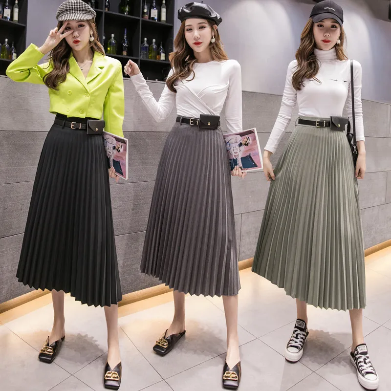 

2019 Autumn New Style Korean-style Elegant Simple High-waisted with Belt Bag Pleated Skirt Mid-length Skirt